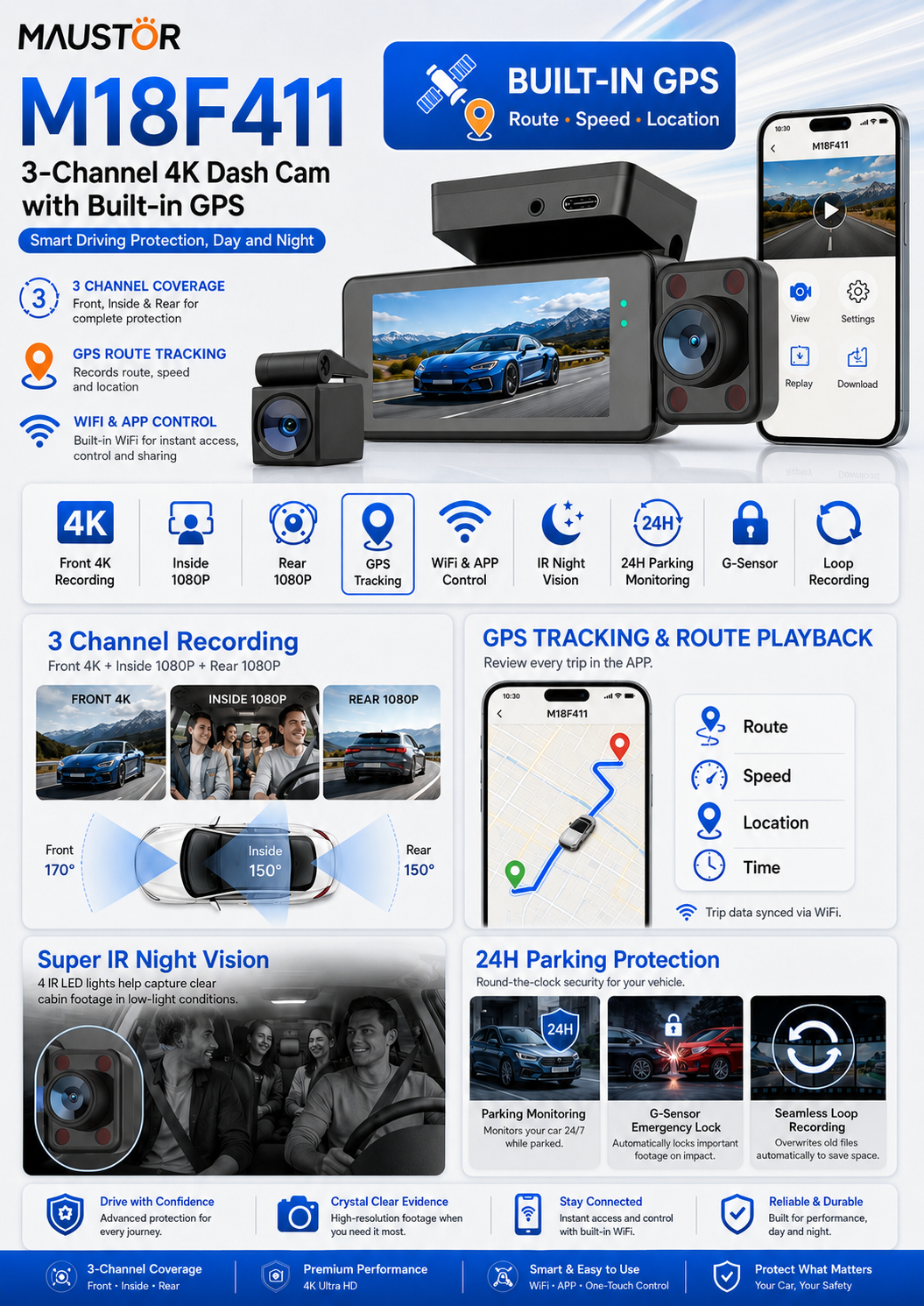 Maustor M18P 3 Way Dashcam with Front, Cabin & Rear Recording